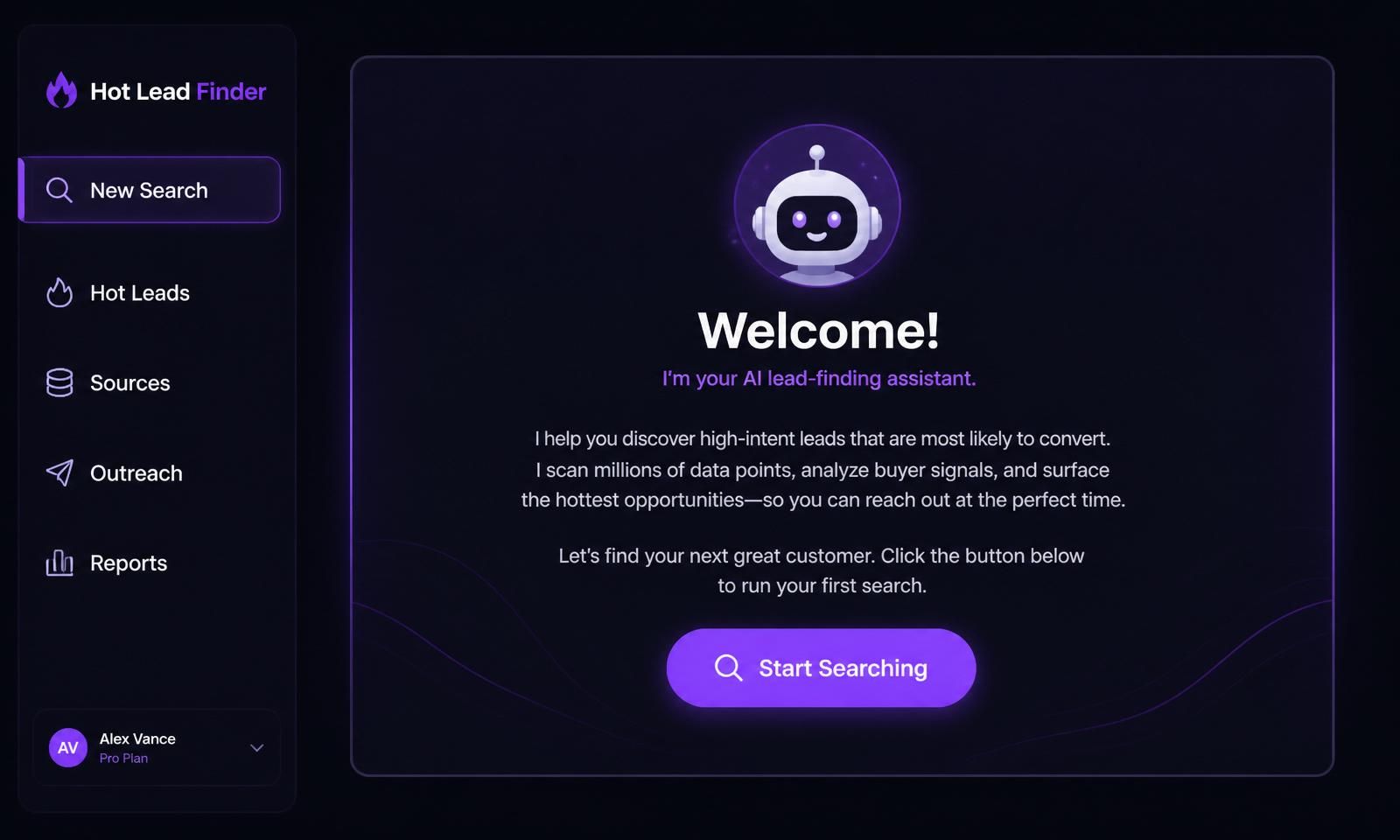 Hot Lead Finder dashboard showing a prioritized list of buying-intent prospects with verified contact info and AI-drafted WhatsApp outreach messages.